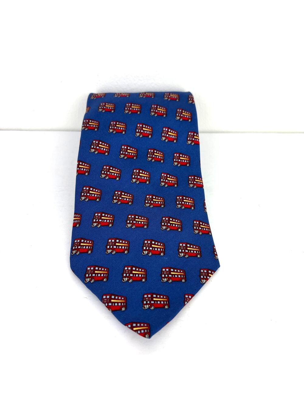 Silk Tie London Double Decker Bus Print Beaufort Tie Rack 100% silk vintage blue